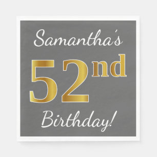 Gray, Faux Gold 52nd Birthday + Custom Name Napkins