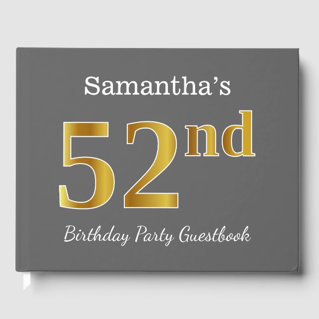Gray, Faux Gold 52nd Birthday Party + Custom Name Guest Book (Front)