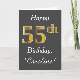 Gray, Faux Gold 55th Birthday + Custom Name Card