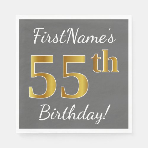 Gray Faux Gold 55th Birthday  Custom Name Paper Napkins