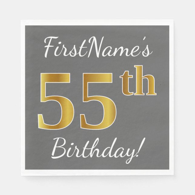 Gray, Faux Gold 55th Birthday + Custom Name Paper Napkins (Front)