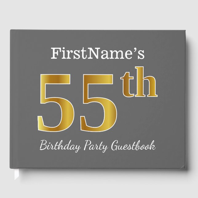 Gray, Faux Gold 55th Birthday Party + Custom Name Guest Book (Front)
