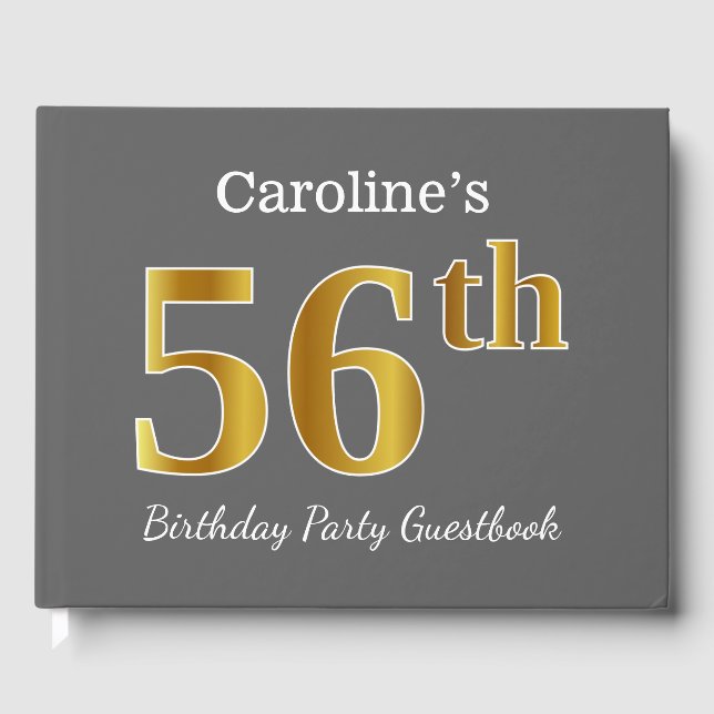 Gray, Faux Gold 56th Birthday Party + Custom Name Guest Book (Front)