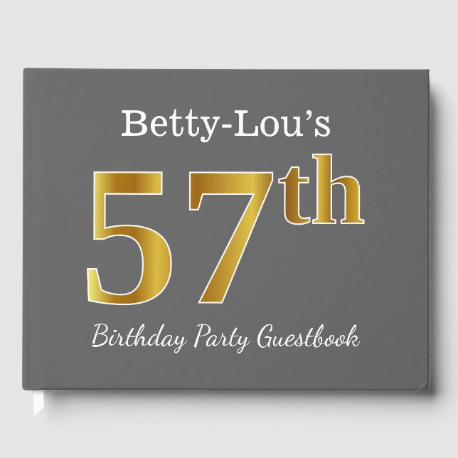 Gray, Faux Gold 57th Birthday Party + Custom Name Guest Book (Front)