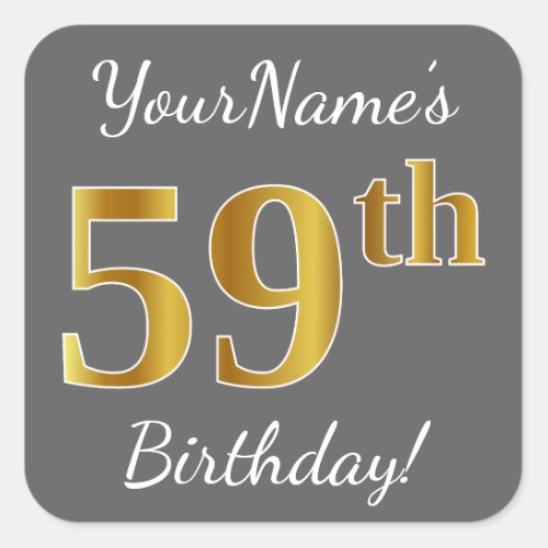 Gray Faux Gold 59th Birthday  Custom Name Square Sticker