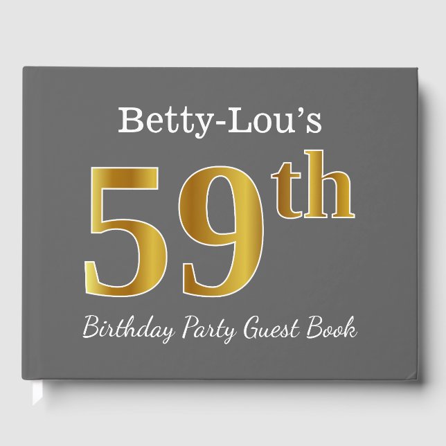 Gray, Faux Gold 59th Birthday Party + Custom Name Guest Book (Front)