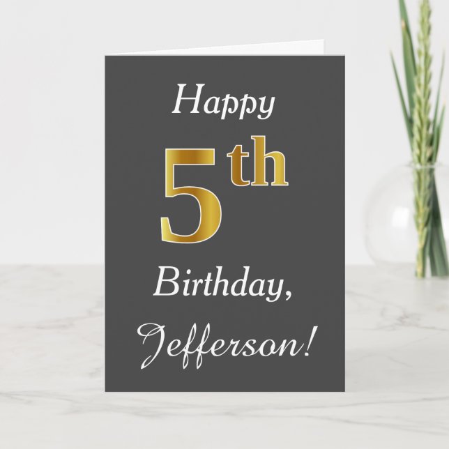 Gray, Faux Gold 5th Birthday + Custom Name Card (Front)