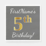 [ Thumbnail: Gray, Faux Gold 5th Birthday + Custom Name Paper Napkin ]