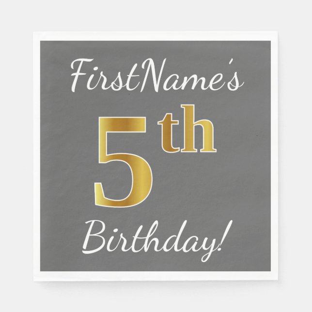 Gray, Faux Gold 5th Birthday + Custom Name Paper Napkins (Front)