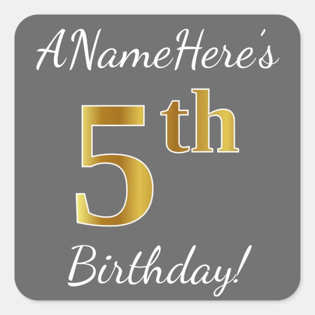 Gray, Faux Gold 5th Birthday + Custom Name Sticker (Front)