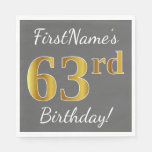 [ Thumbnail: Gray, Faux Gold 63rd Birthday + Custom Name Napkins ]