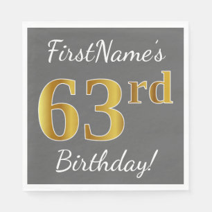 Gray, Faux Gold 63rd Birthday + Custom Name Napkins