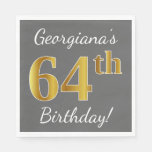 [ Thumbnail: Gray, Faux Gold 64th Birthday + Custom Name Napkins ]