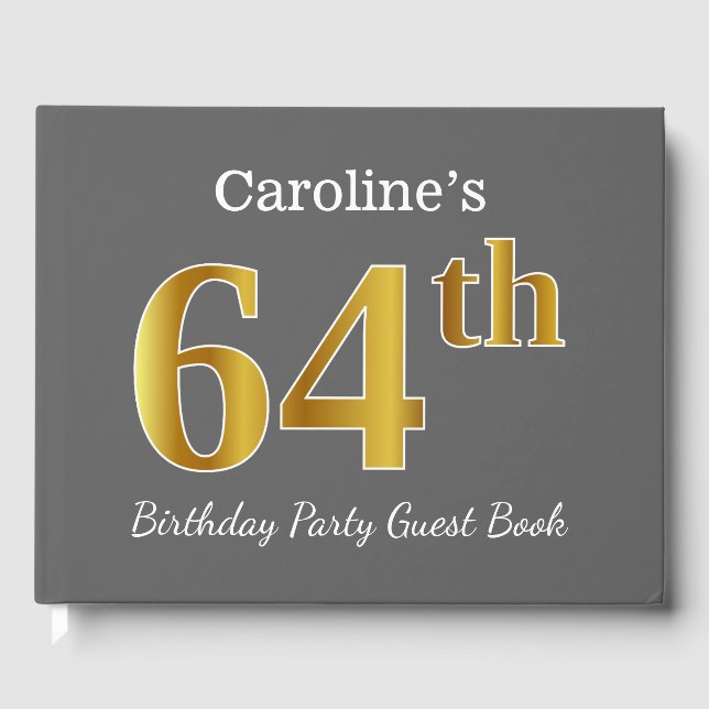 Gray, Faux Gold 64th Birthday Party + Custom Name Guest Book (Front)