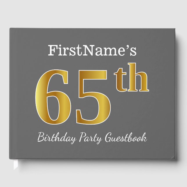 Gray, Faux Gold 65th Birthday Party + Custom Name Guest Book (Front)