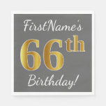 [ Thumbnail: Gray, Faux Gold 66th Birthday + Custom Name Napkins ]