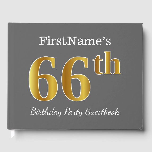 Gray, Faux Gold 66th Birthday Party + Custom Name Guest Book (Front)