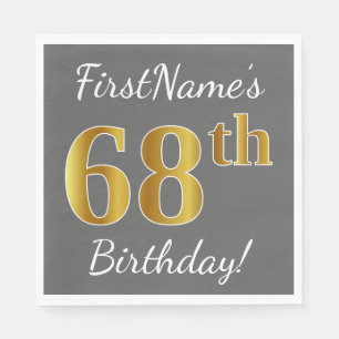 Gray, Faux Gold 68th Birthday + Custom Name Napkins