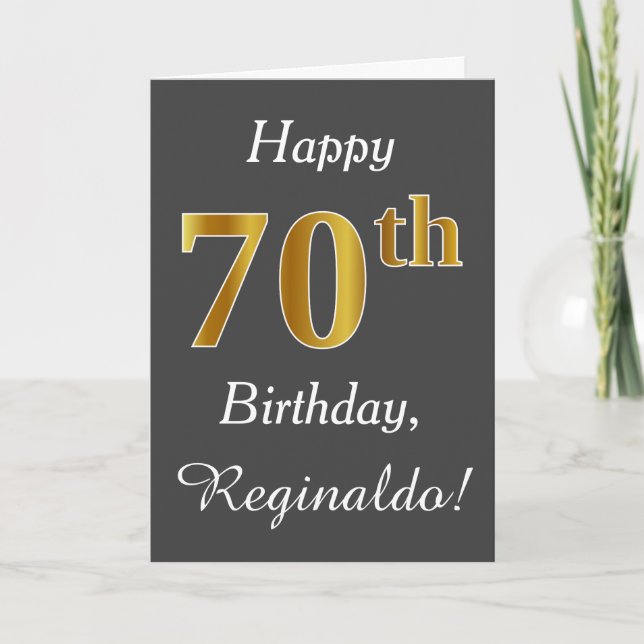Gray, Faux Gold 70th Birthday + Custom Name Card (Front)