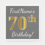 [ Thumbnail: Gray, Faux Gold 70th Birthday + Custom Name Napkins ]