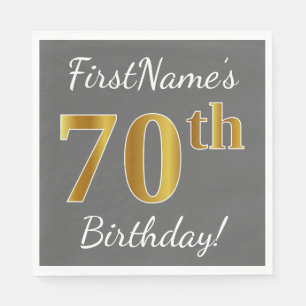 Gray, Faux Gold 70th Birthday + Custom Name Paper Napkins