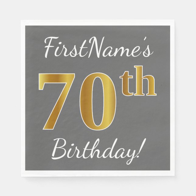 Gray, Faux Gold 70th Birthday + Custom Name Paper Napkins (Front)