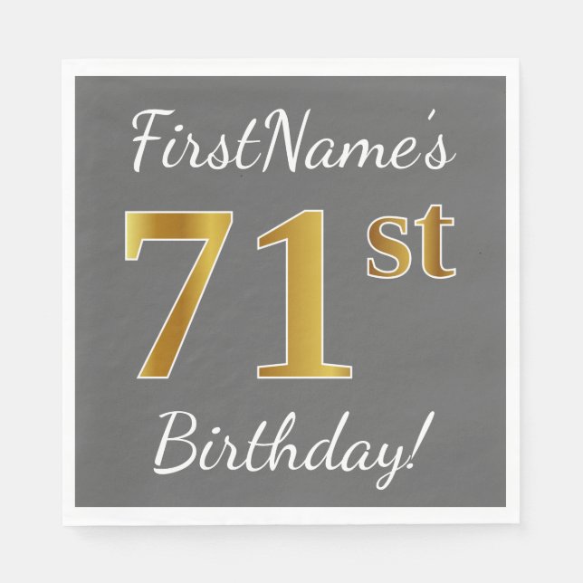 Gray, Faux Gold 71st Birthday + Custom Name Paper Napkins (Front)