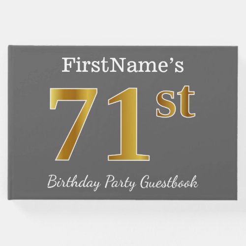 Gray Faux Gold 71st Birthday Party  Custom Name Guest Book