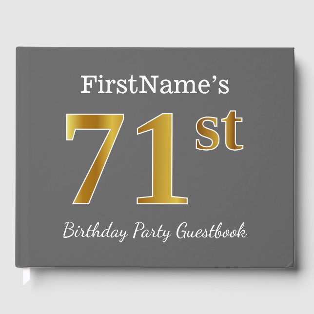 Gray, Faux Gold 71st Birthday Party + Custom Name Guest Book (Front)