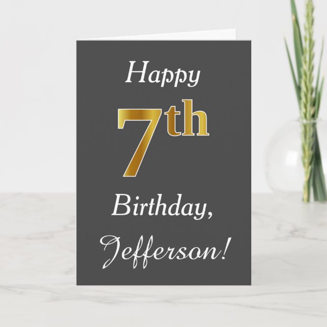 Gray, Faux Gold 7th Birthday + Custom Name Card (Front)