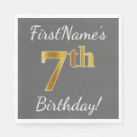 [ Thumbnail: Gray, Faux Gold 7th Birthday + Custom Name Paper Napkin ]