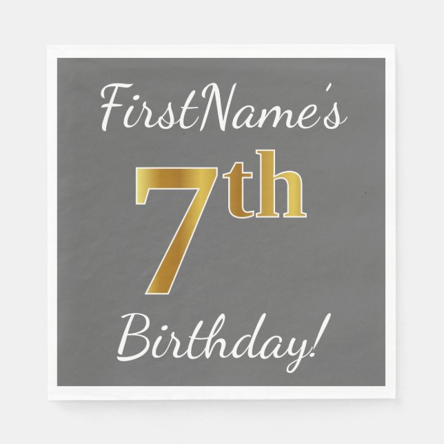 Gray, Faux Gold 7th Birthday + Custom Name Paper Napkins (Front)