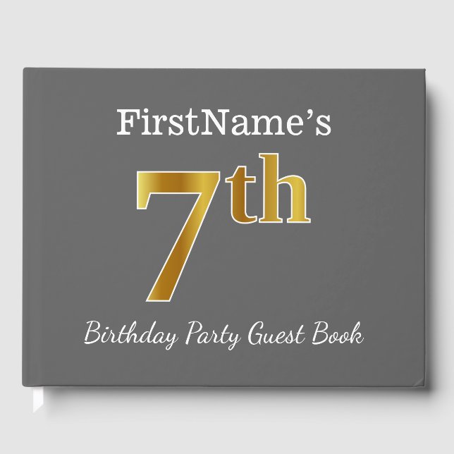 Gray, Faux Gold 7th Birthday Party + Custom Name Guest Book (Front)