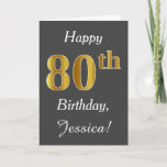 [ Thumbnail: Gray, Faux Gold 80th Birthday + Custom Name Card ]