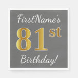 [ Thumbnail: Gray, Faux Gold 81st Birthday + Custom Name Napkins ]
