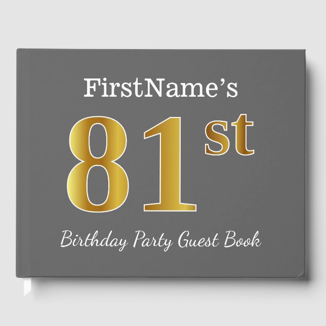 Gray, Faux Gold 81st Birthday Party + Custom Name Guest Book (Front)
