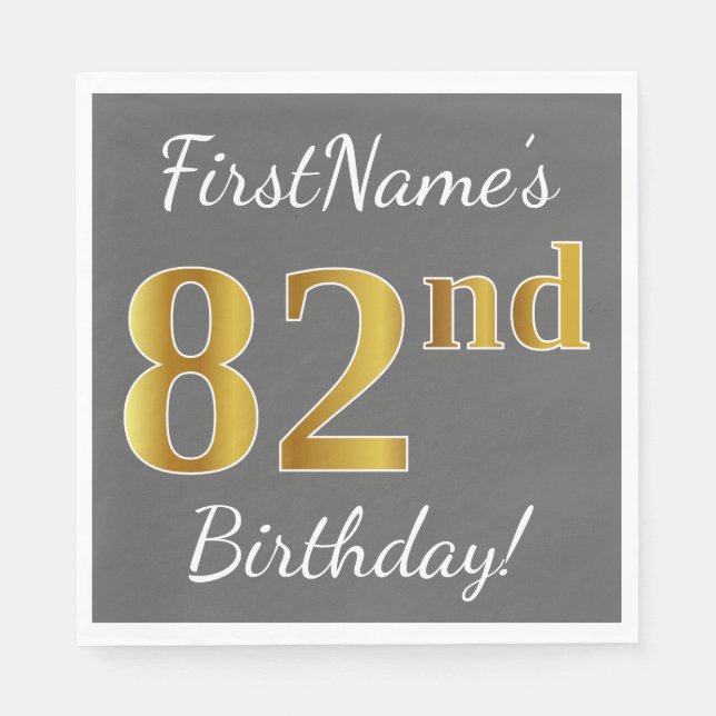 Gray, Faux Gold 82nd Birthday + Custom Name Paper Napkins (Front)