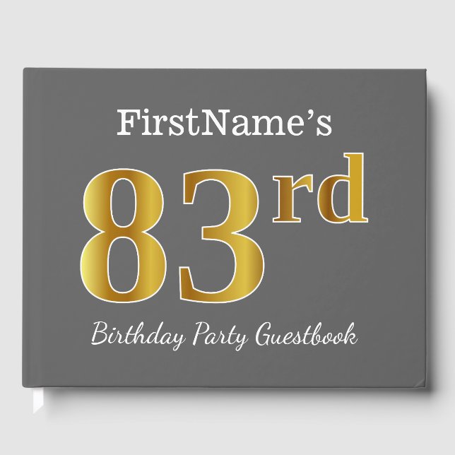 Gray, Faux Gold 83rd Birthday Party + Custom Name Guest Book (Front)
