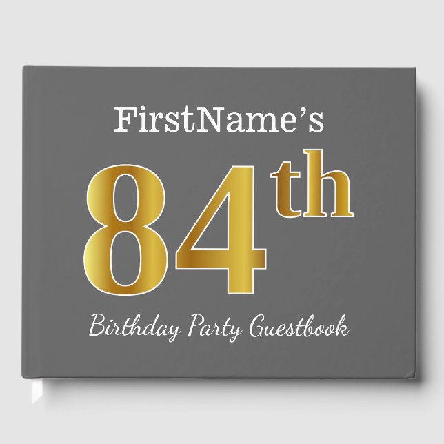 Gray, Faux Gold 84th Birthday Party + Custom Name Guest Book (Front)