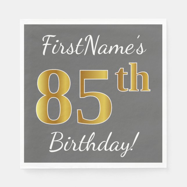 Gray, Faux Gold 85th Birthday + Custom Name Napkins (Front)