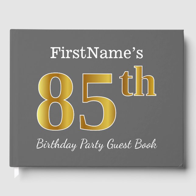 Gray, Faux Gold 85th Birthday Party + Custom Name Guest Book (Front)