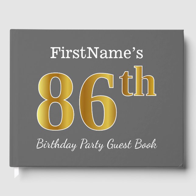 Gray, Faux Gold 86th Birthday Party + Custom Name Guest Book (Front)