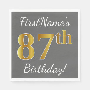 Gray, Faux Gold 87th Birthday + Custom Name Paper Napkins