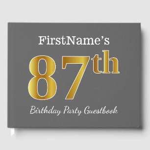 Gray, Faux Gold 87th Birthday Party + Custom Name Guest Book