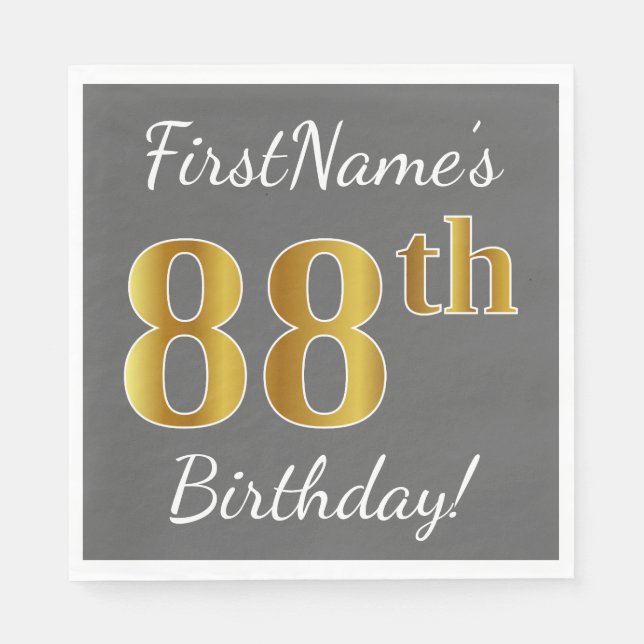 Gray, Faux Gold 88th Birthday + Custom Name Paper Napkins (Front)