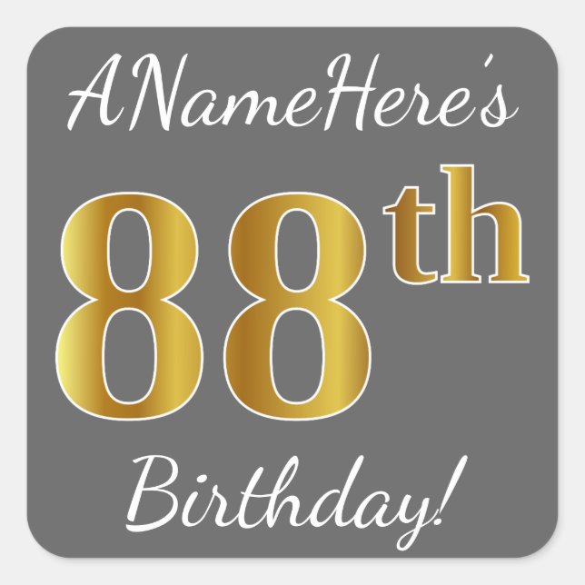 Gray, Faux Gold 88th Birthday + Custom Name Square Sticker (Front)