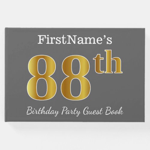 Gray Faux Gold 88th Birthday Party  Custom Name Guest Book