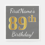 [ Thumbnail: Gray, Faux Gold 89th Birthday + Custom Name Napkins ]