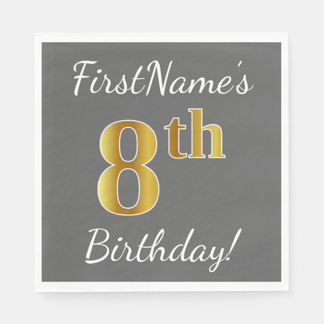Gray, Faux Gold 8th Birthday + Custom Name Paper Napkins (Front)
