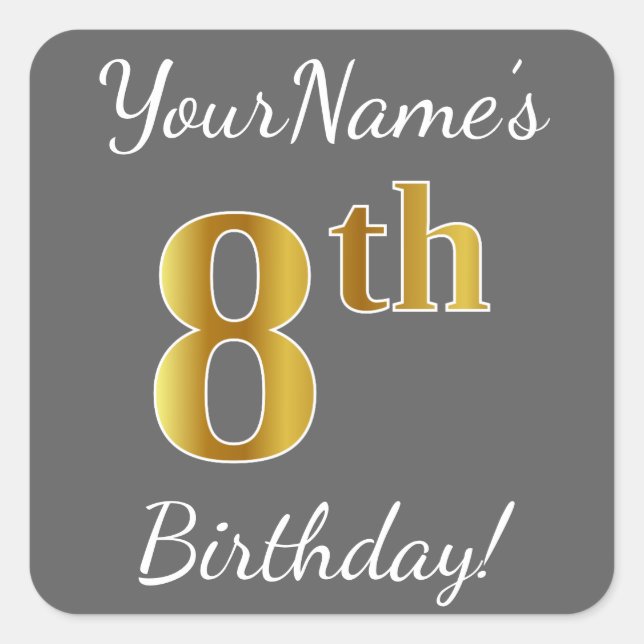 Gray, Faux Gold 8th Birthday + Custom Name Sticker (Front)